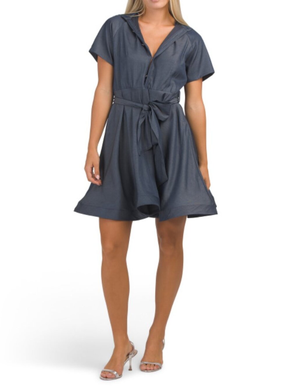 NANCY YANG Short Sleeve Mini Shirt Dress With Embellished Colla